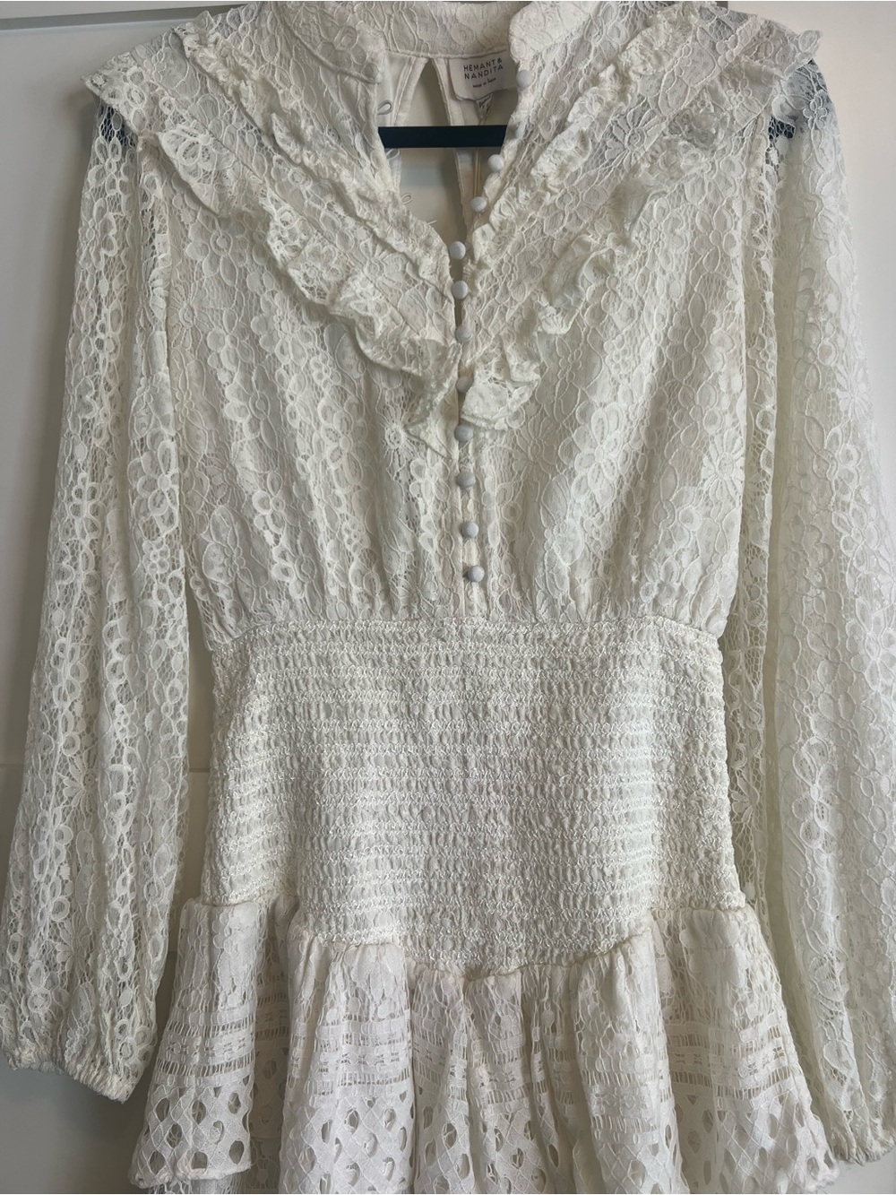 NWT HEMANT & NANDITA White Lace Long-Sleeve Mini Dress - Picture 6 of 7